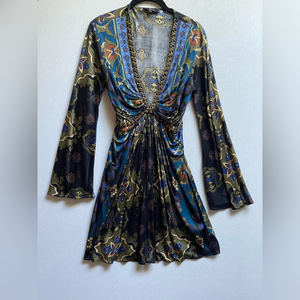 SKY silk deep v flare long sleeves mini dress Sz M